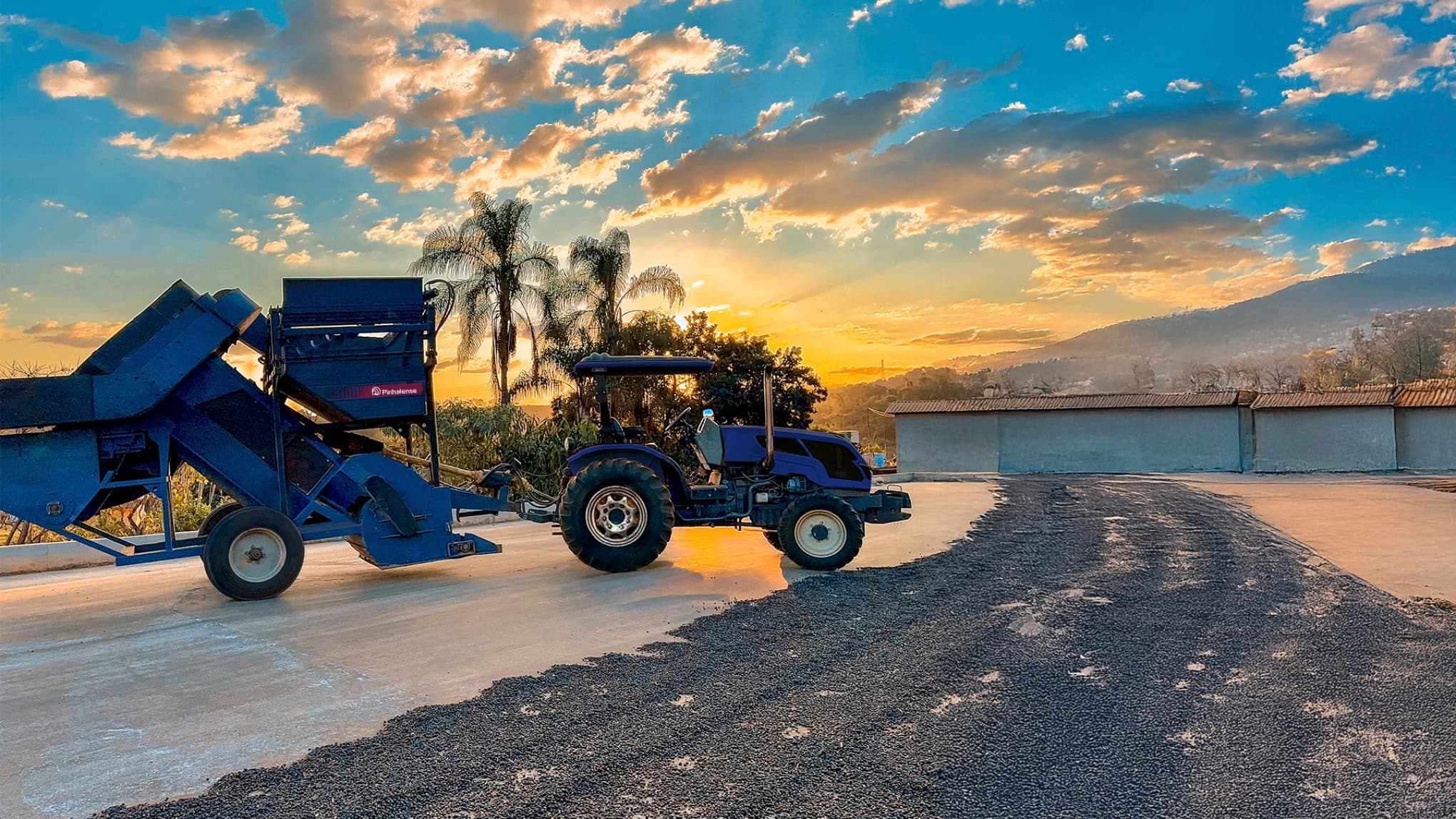 Recolhedora de Café de Varrição em terreiro, com café espalhado e por do sol ao fundo