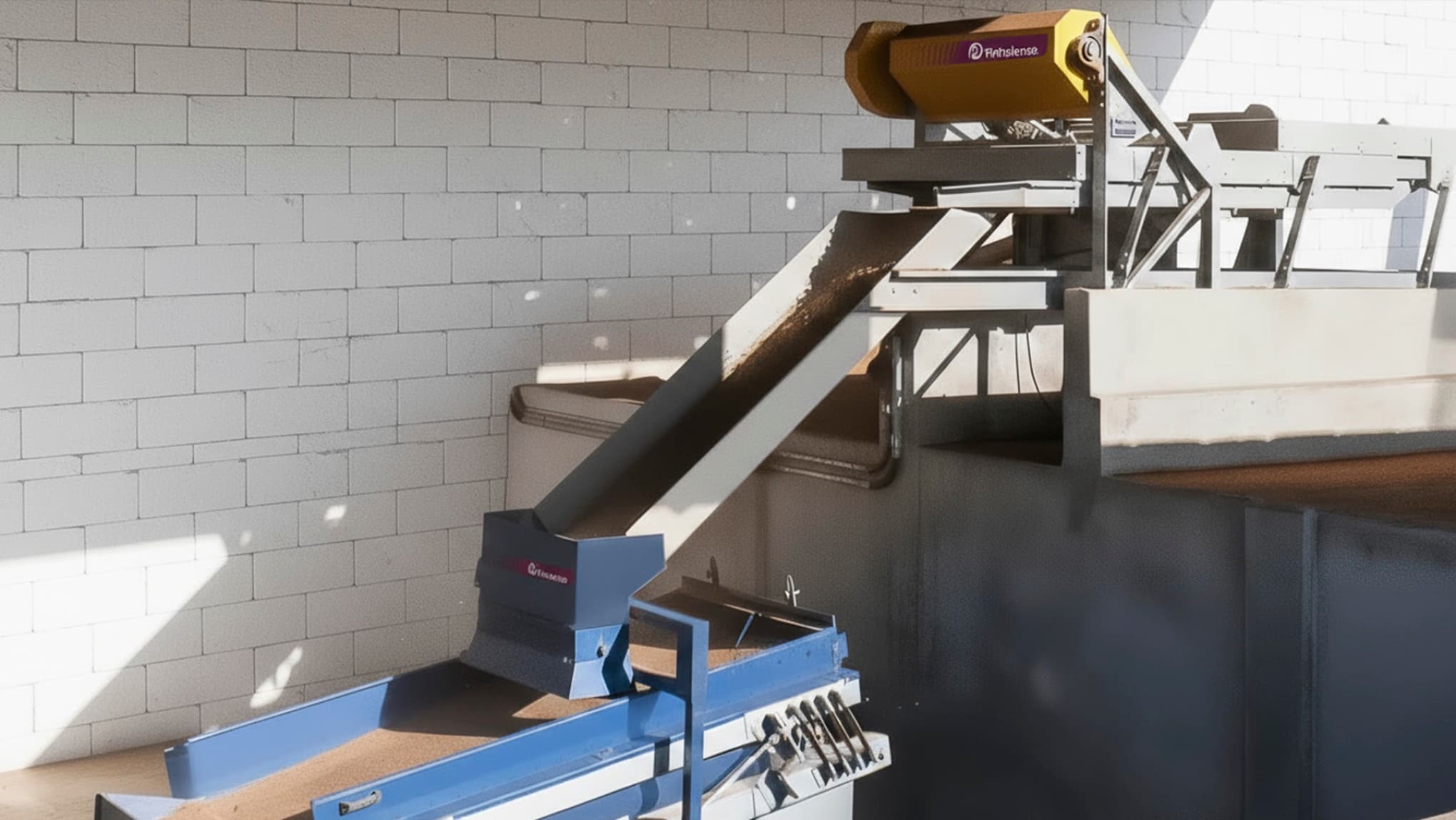 Máquina de Pré Limpeza para café de varrição com catador de pedras acoplado, instalada em ambiente semi aberto.